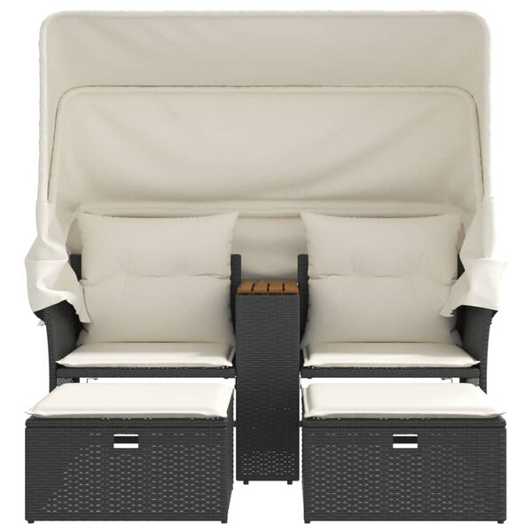 vidaXL Garden Sofa 2-Seater with Canopy and Stools Black Poly Rattan