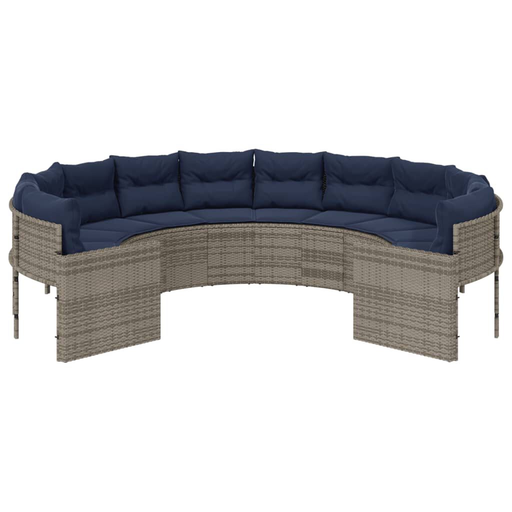 vidaXL Garden Sofa with Cushions Round Grey Poly Rattan