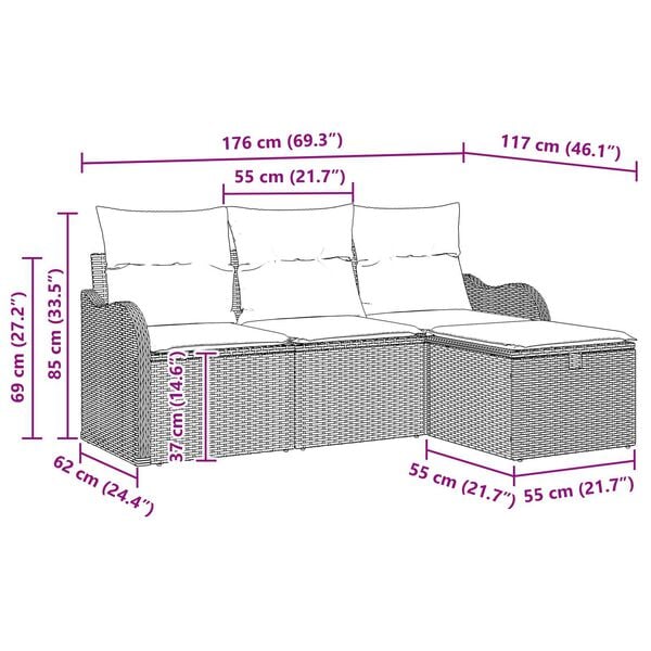 vidaXL 4 Piece Garden Sofa Set with Cushions Grey Poly Rattan