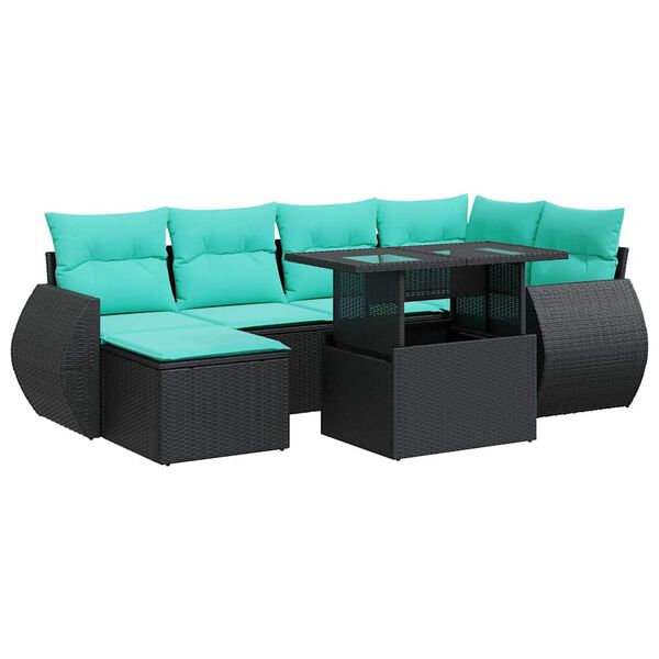 vidaXL 7 Piece Garden Sofa Set with Cushions Black Poly Rattan Acacia