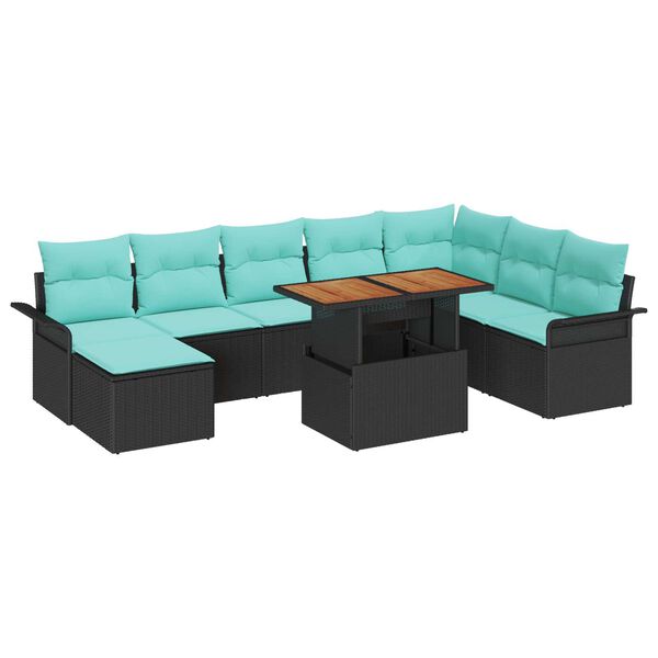 vidaXL 9 Piece Garden Sofa Set with Cushions Black Poly Rattan Acacia