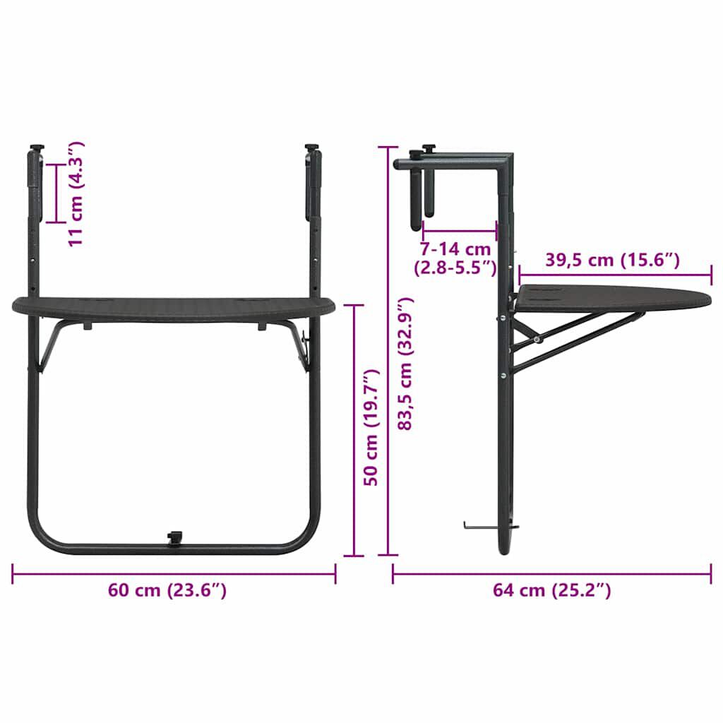 vidaXL Hanging Balcony Table Brown 60x64x83.5 cm Plastic Rattan Look