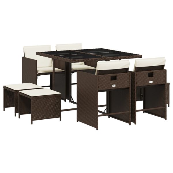 vidaXL 9 Piece Garden Dining Set with Cushions Brown Poly Rattan