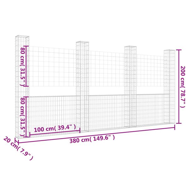 vidaXL U-shape Gabion Basket with 4 Posts Iron 380x20x200 cm