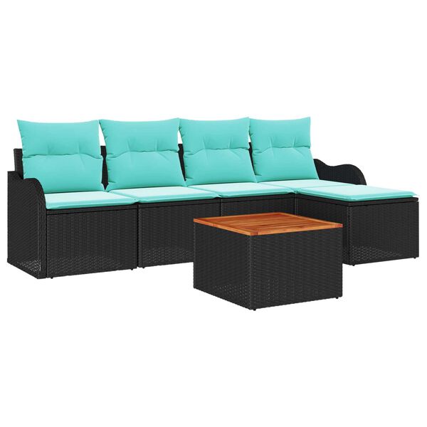 vidaXL 6 Piece Garden Sofa Set with Cushions Black Poly Rattan Acacia