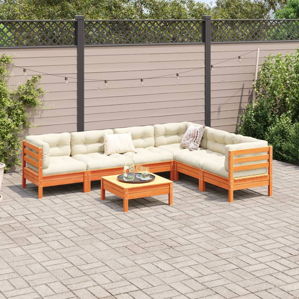 vidaXL 7 Piece Garden Sofa Set with Cushions Wax Brown Solid Wood Pine