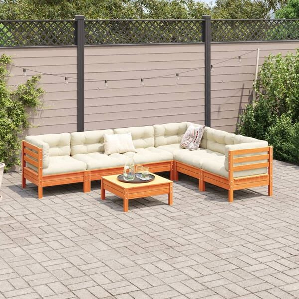 vidaXL 7 Piece Garden Sofa Set with Cushions Wax Brown Solid Wood Pine