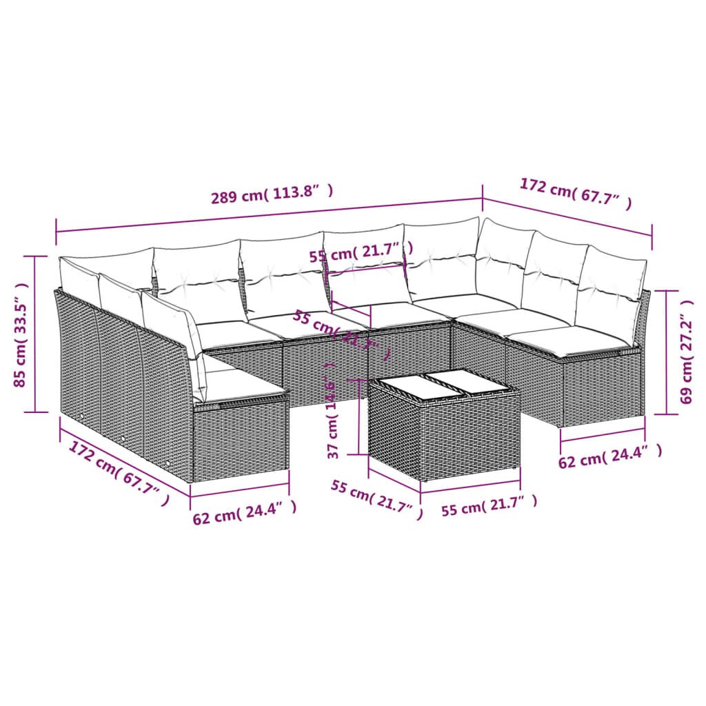 vidaXL 10 Piece Garden Sofa Set with Cushions Black Poly Rattan