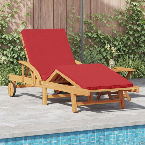 vidaXL Folding Sun Lounger with Wheels & Cushion Red Solid Wood Acacia