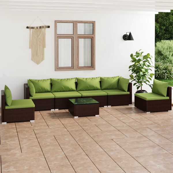 vidaXL 7 Piece Garden Lounge Set with Cushions Poly Rattan Brown