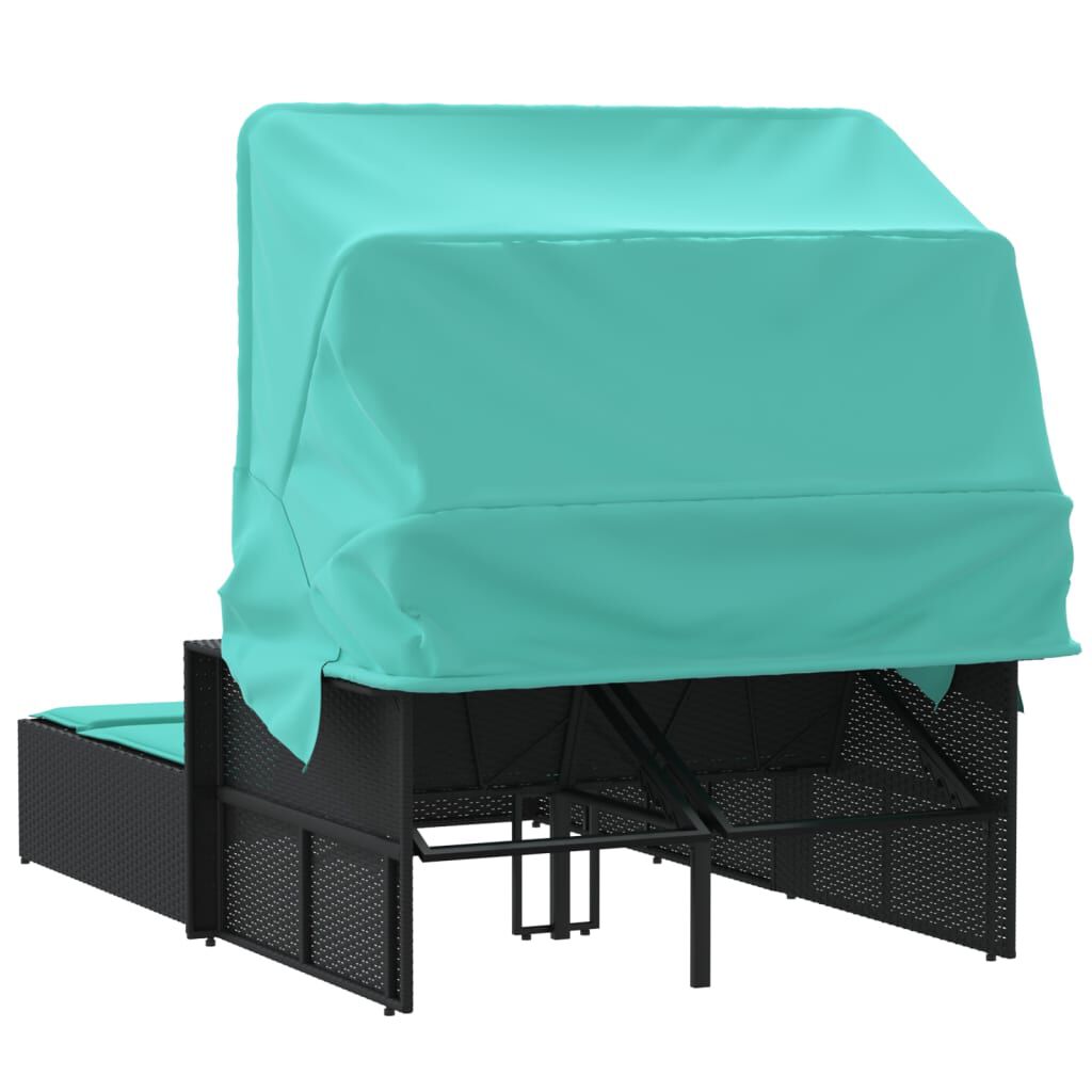 vidaXL Double Sun Lounger with Canopy and Cushions Black Poly Rattan