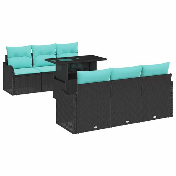 vidaXL Garden Sofa Set with Cushion 7 pcs Black and Blue Poly Rattan