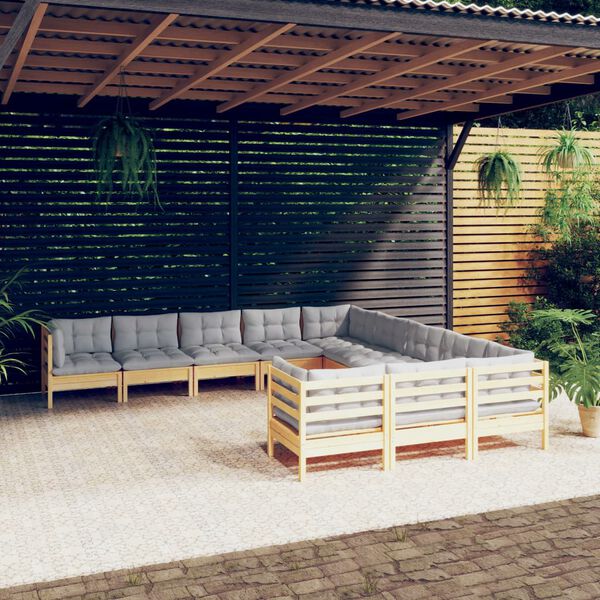 vidaXL 11 Piece Garden Lounge Set with Grey Cushions Pinewood