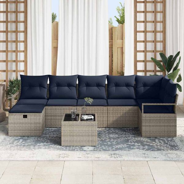 vidaXL Sofa Set with Cushion Manual 8 pcs Grey and Navy Poly Rattan