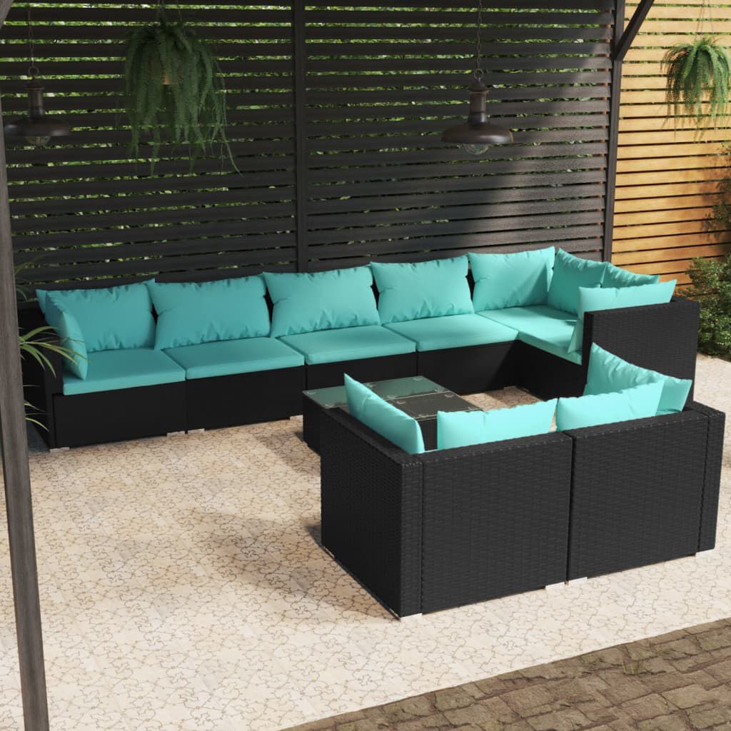 vidaXL 9 Piece Garden Lounge Set with Cushions Black Poly Rattan
