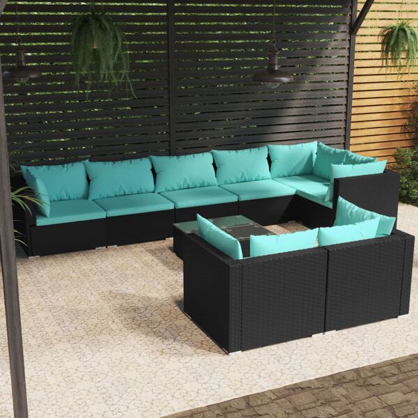 vidaXL 9 Piece Garden Lounge Set with Cushions Black Poly Rattan