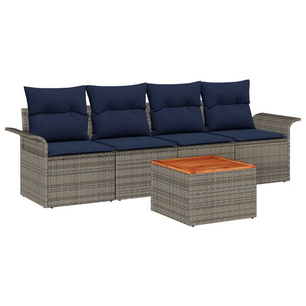 vidaXL 5 Piece Garden Sofa Set with Cushions Grey Poly Rattan Acacia