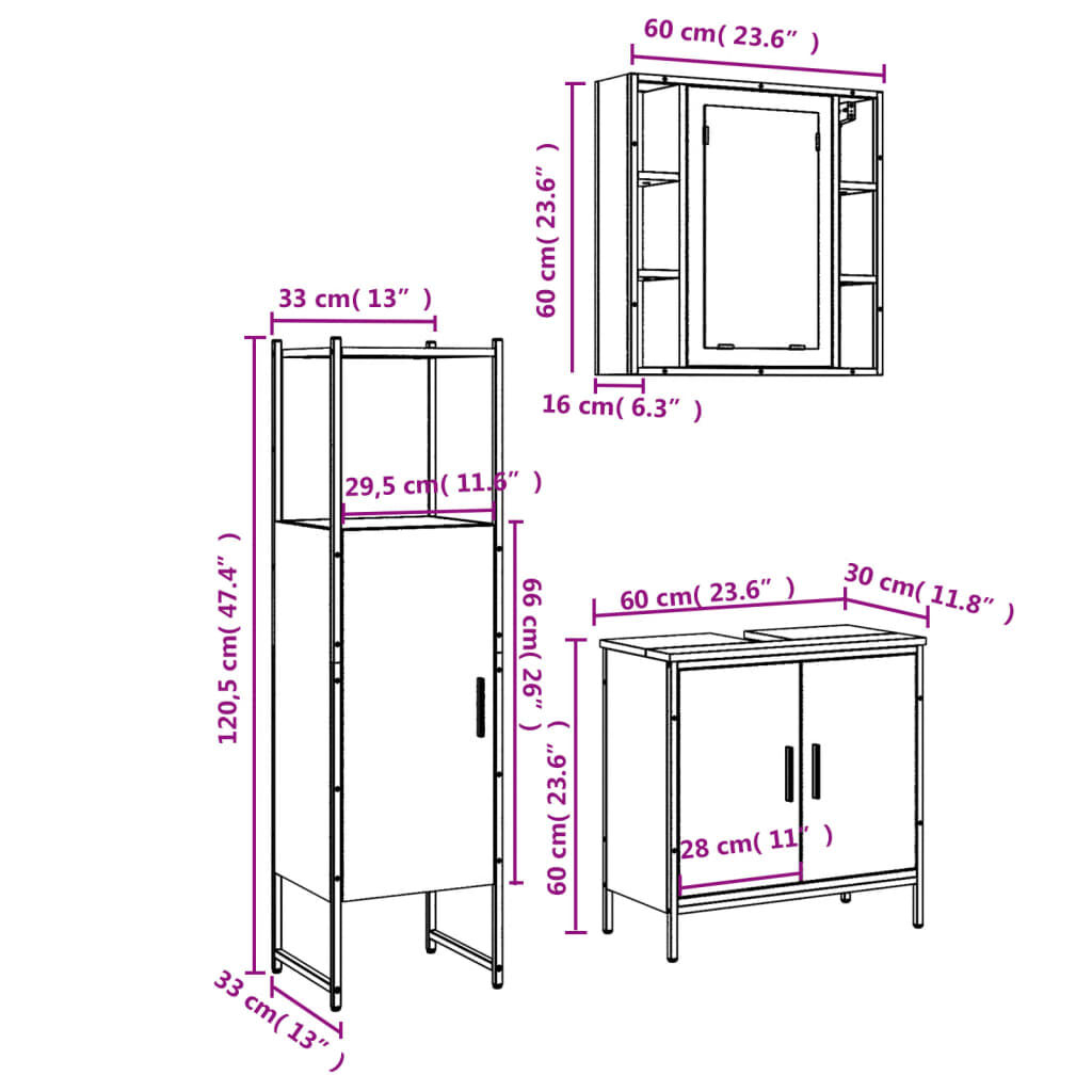 vidaXL 3 Piece Bathroom Cabinet Set Smoked Oak Engineered Wood