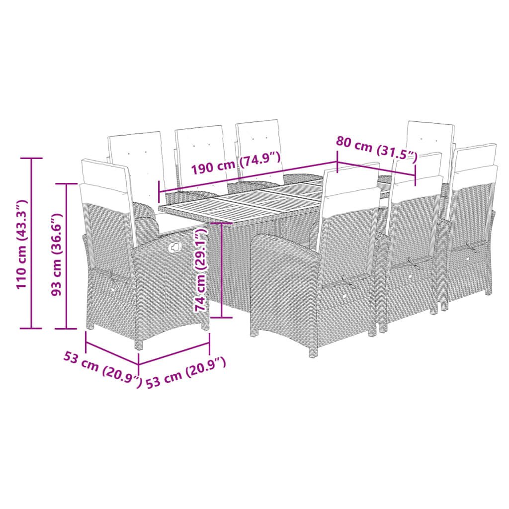 vidaXL 9 Piece Garden Dining Set with Cushions Beige Poly Rattan