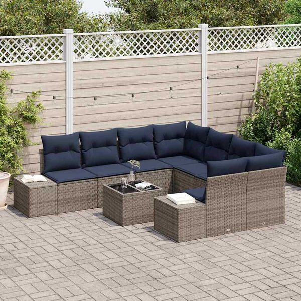vidaXL Garden Sofa Set with Cushion 9 pcs Grey Poly Rattan
