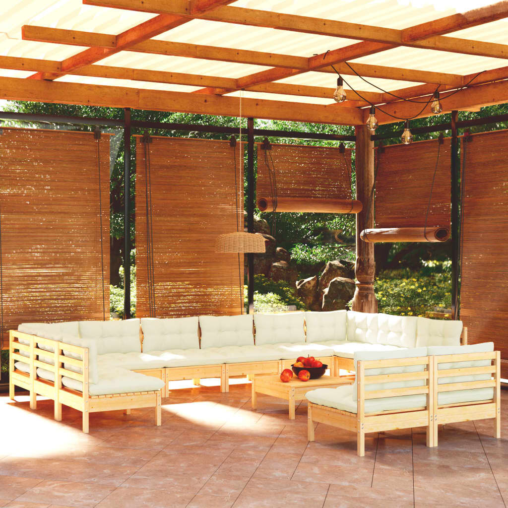 vidaXL 13 Piece Garden Lounge Set with Cream Cushions Solid Pinewood