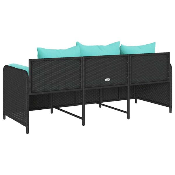 vidaXL Garden Sofa with Cushions 3-Seater Black Poly Rattan