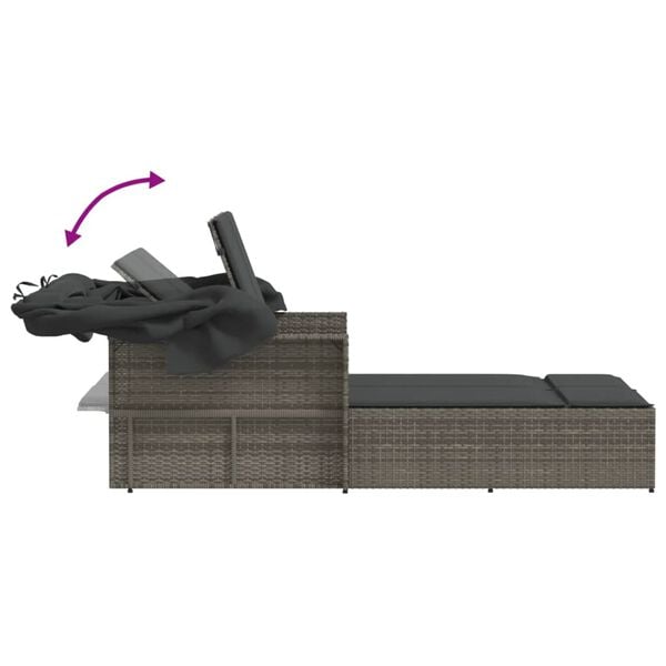 vidaXL Double Sun Lounger with Canopy and Cushions Grey Poly Rattan