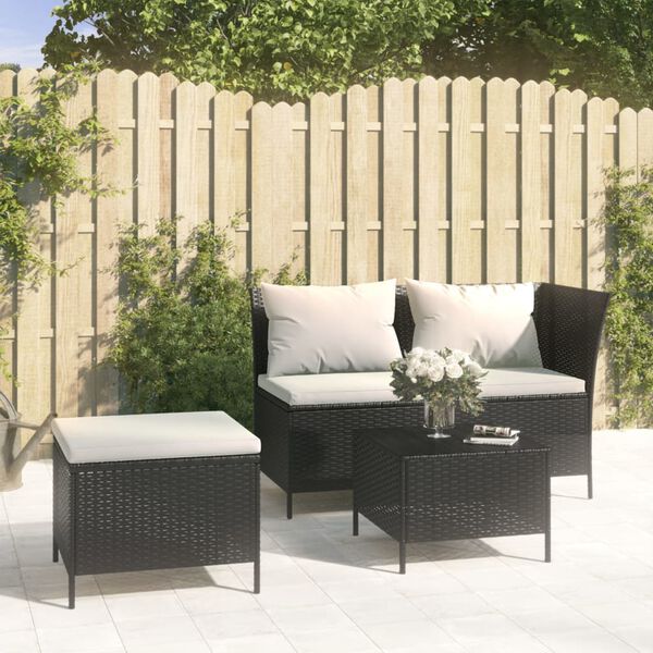 vidaXL 3 Piece Garden Lounge Set with Cushions Black Poly Rattan