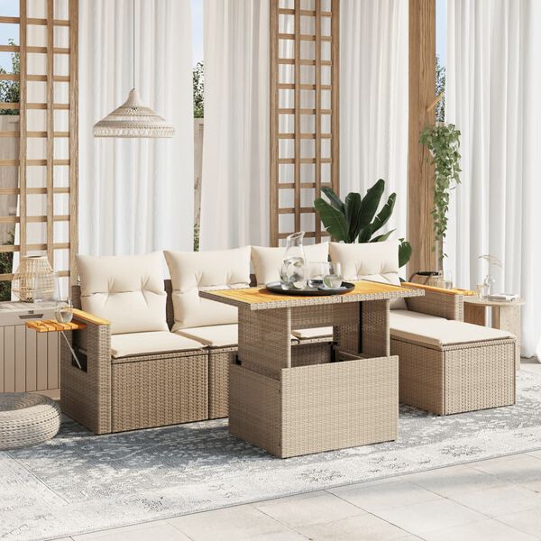 vidaXL 6 Piece Garden Sofa Set with Cushions Beige Poly Rattan