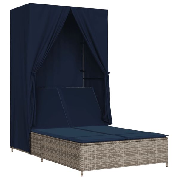 vidaXL Double Sun Lounger with Roof and Curtains Grey Poly Rattan