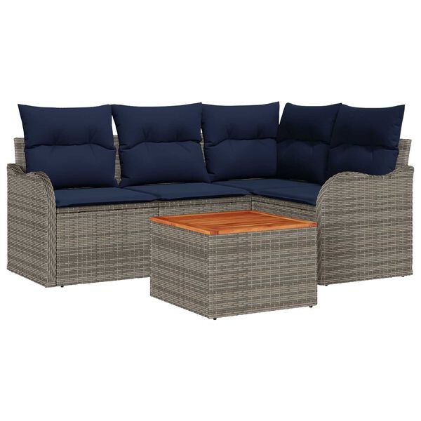 vidaXL 5 Piece Garden Sofa Set with Cushions Grey Poly Rattan Acacia