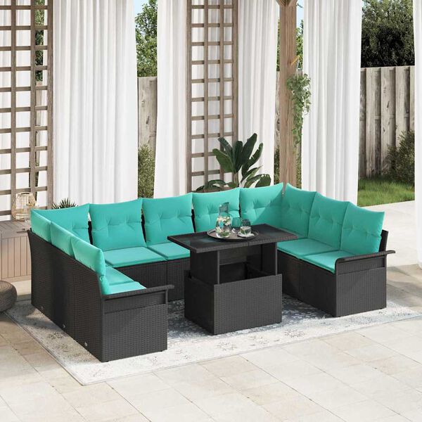 vidaXL Garden Sofa Set with Cushion 10 pcs Black Poly rattan