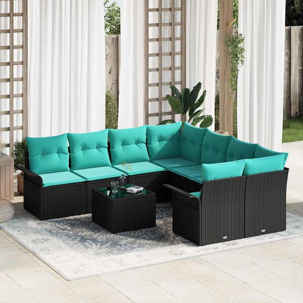 vidaXL Garden Sofa Set 9 pcs Black and Turquoise Poly Rattan