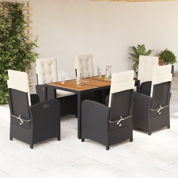 vidaXL 7 Piece Garden Dining Set with Cushions Black Poly Rattan