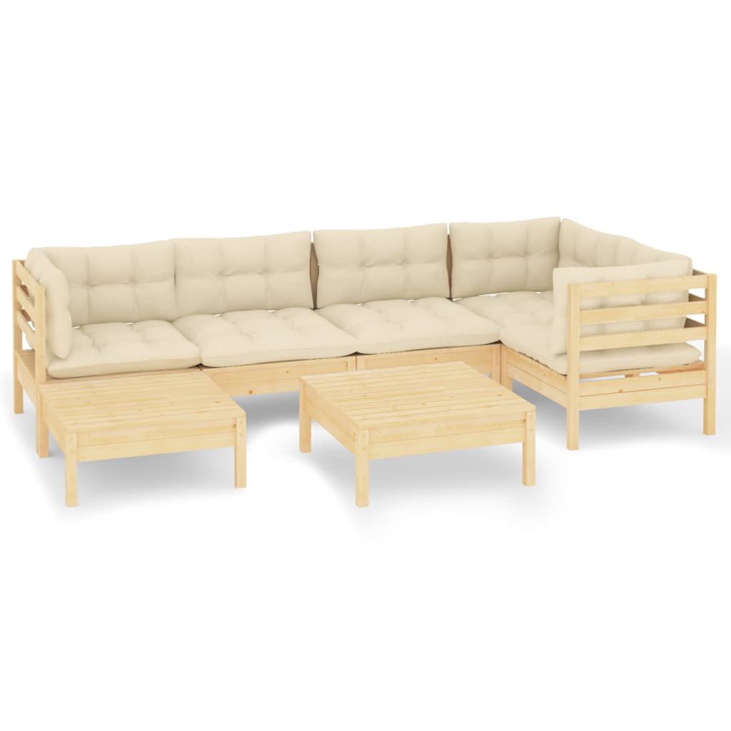 vidaXL 7 Piece Garden Lounge Set with Cream Cushions Solid Pinewood