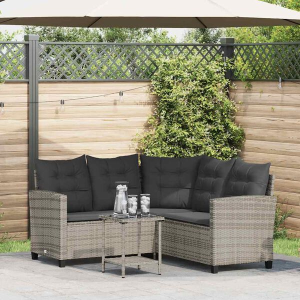vidaXL Garden Sofa with Table&Cushions L-shaped Grey Poly Rattan