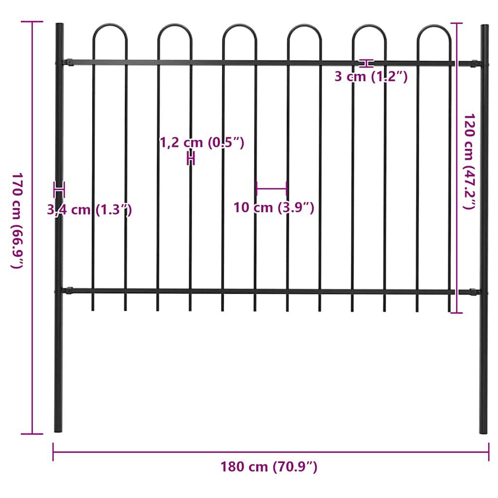 vidaXL Garden Fence with Hoop Top Steel 181x120 cm Black
