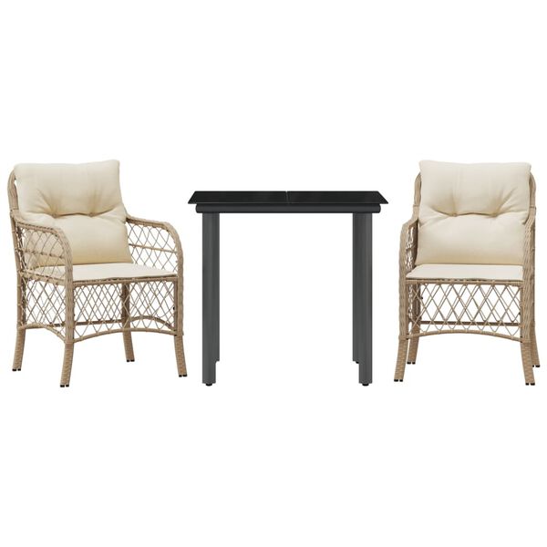 vidaXL 3 Piece Bistro Set with Cushions Beige Poly Rattan
