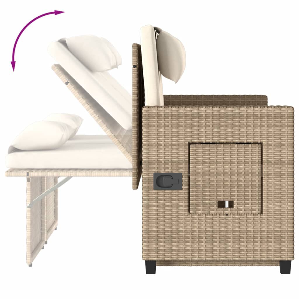 vidaXL Reclining Garden Bench with Cushions Beige Poly Rattan