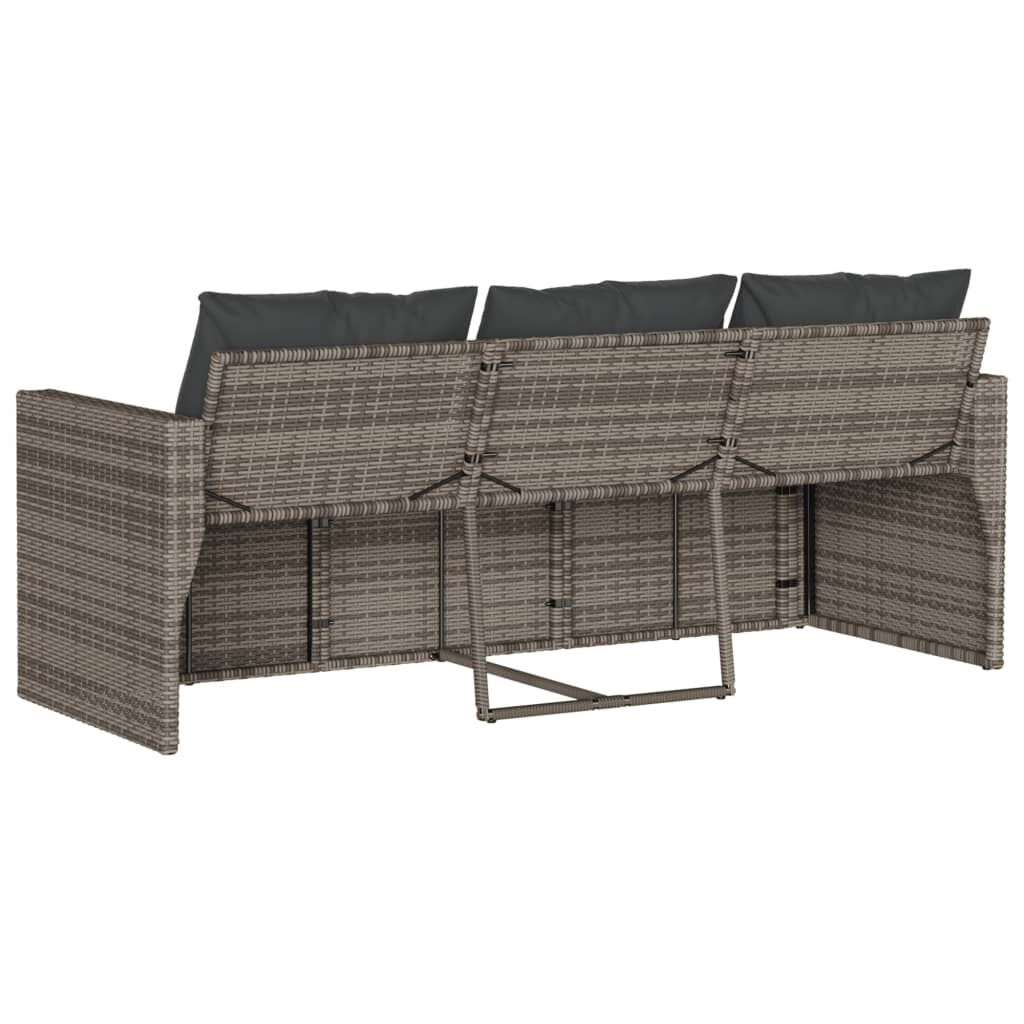 vidaXL Garden Sofa with Cushions 3-Seater Grey Poly Rattan