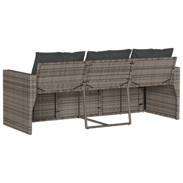 vidaXL Garden Sofa with Cushions 3-Seater Grey Poly Rattan