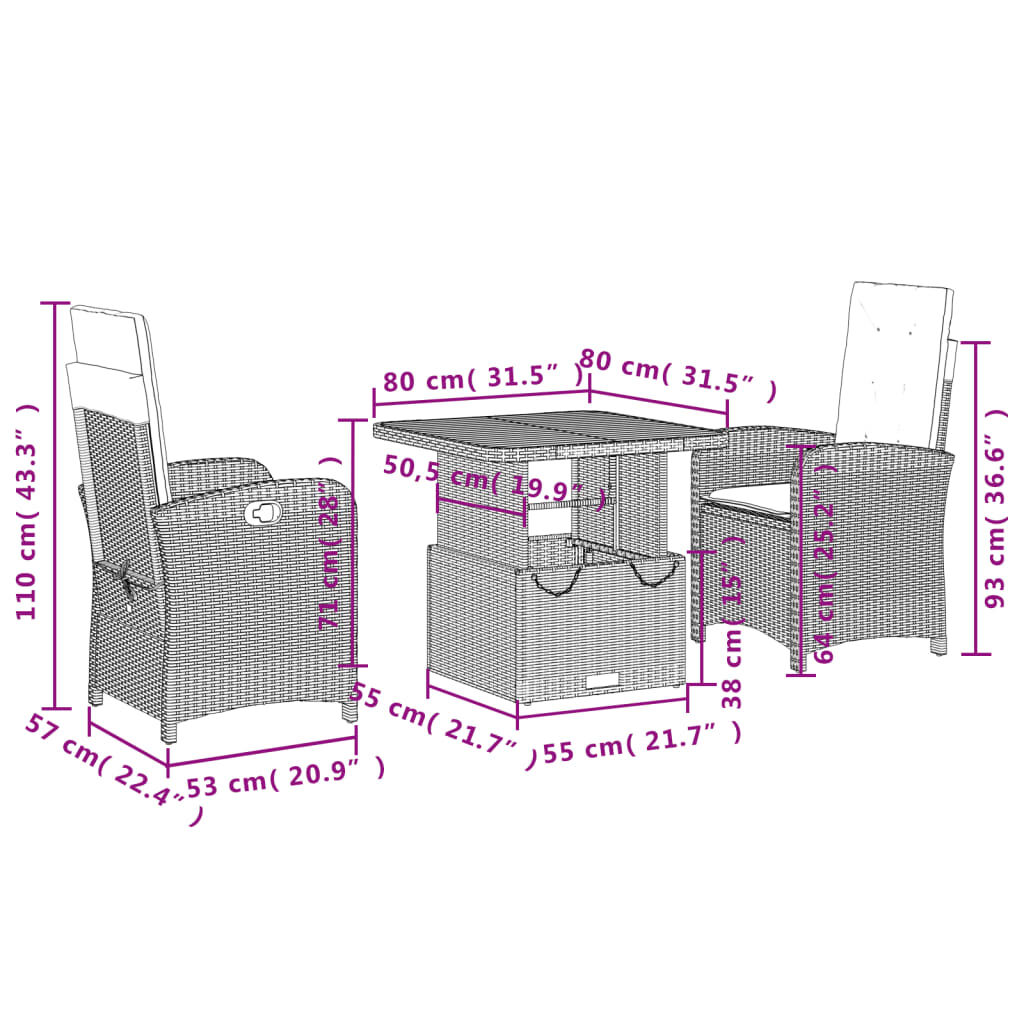 vidaXL 3 Piece Garden Dining Set with Cushions Grey Poly Rattan