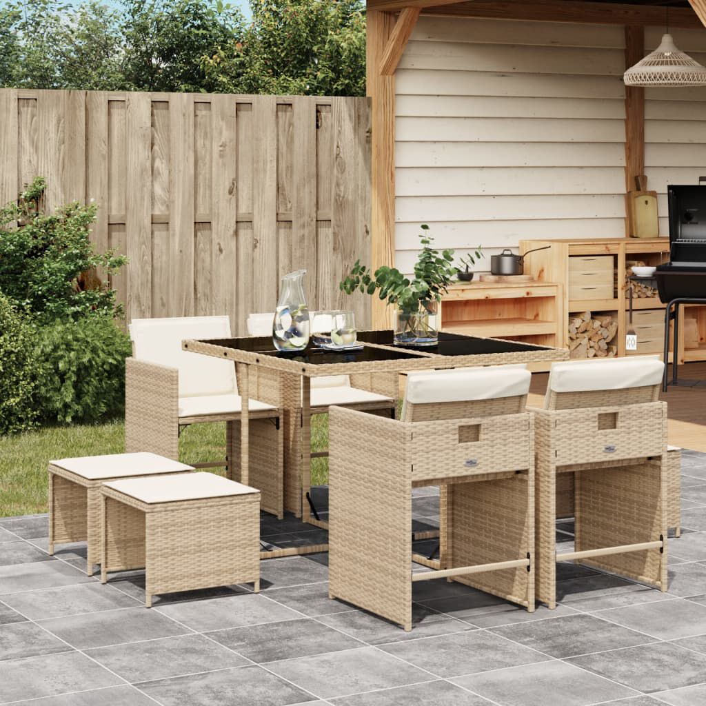 vidaXL 9 Piece Garden Dining Set with Cushions Beige Poly Rattan