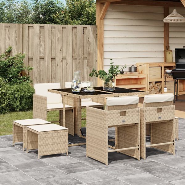 vidaXL 9 Piece Garden Dining Set with Cushions Beige Poly Rattan