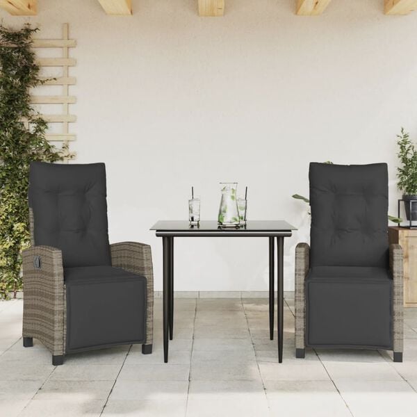 vidaXL 3 Piece Garden Dining Set with Cushions Grey Poly Rattan