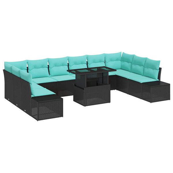 vidaXL Garden Sofa Set with Cushion 11 pcs Black and Blue Poly Rattan