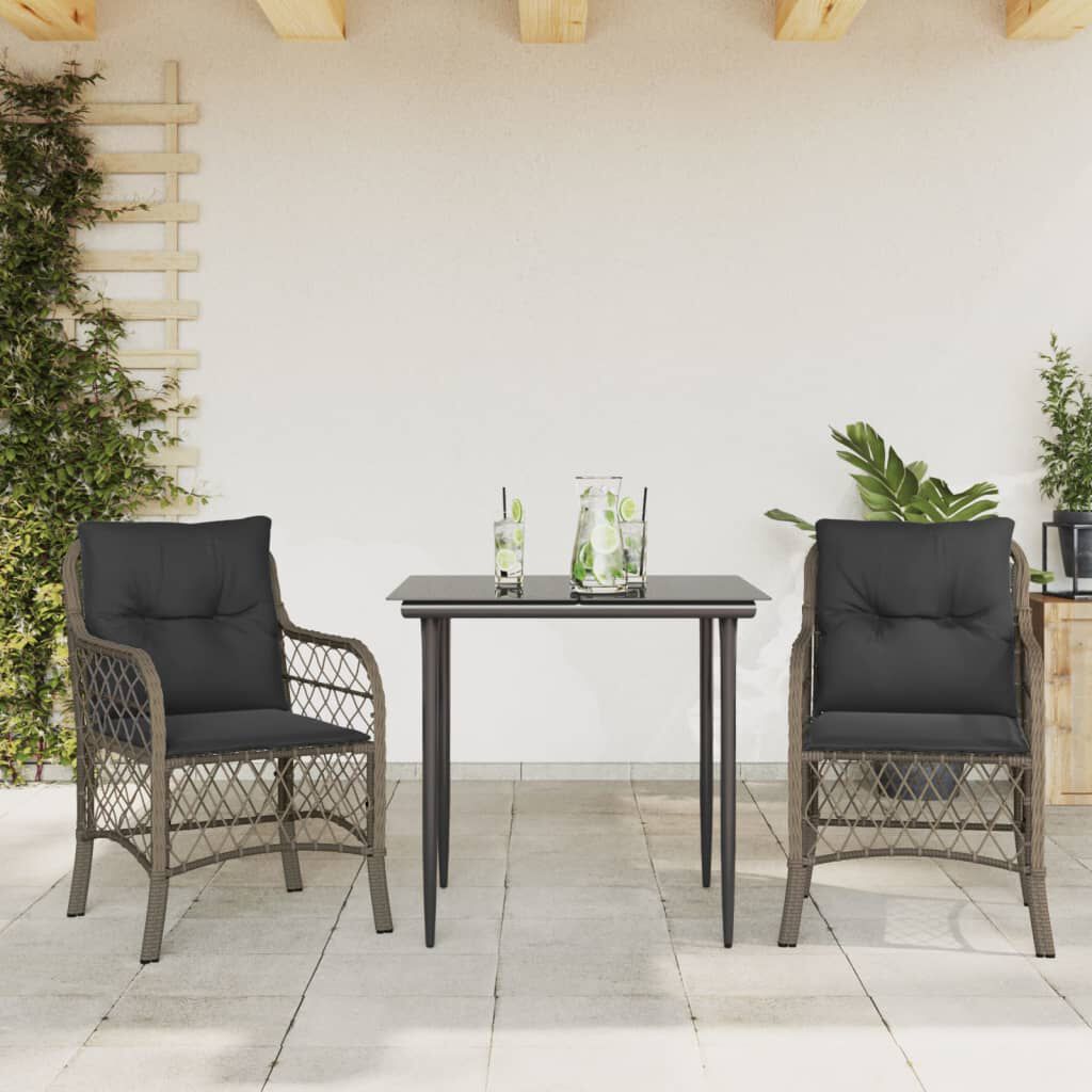 vidaXL 3 Piece Bistro Set with Cushions Grey Poly Rattan