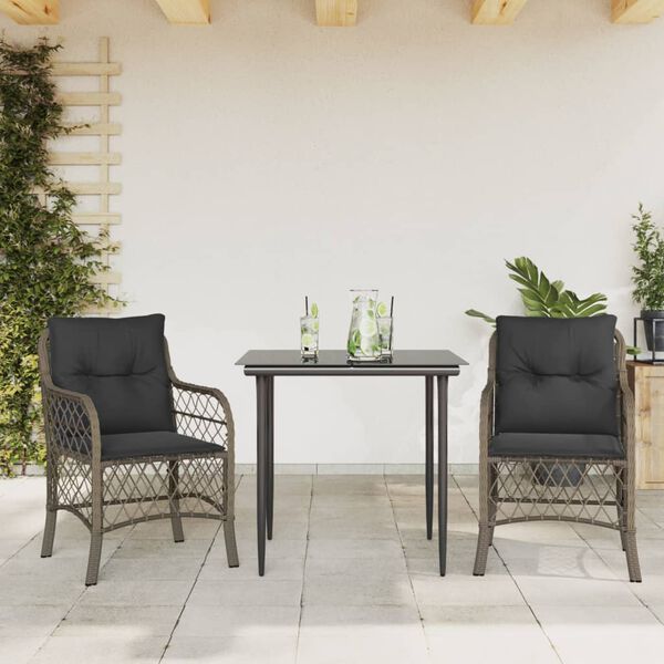 vidaXL 3 Piece Bistro Set with Cushions Grey Poly Rattan