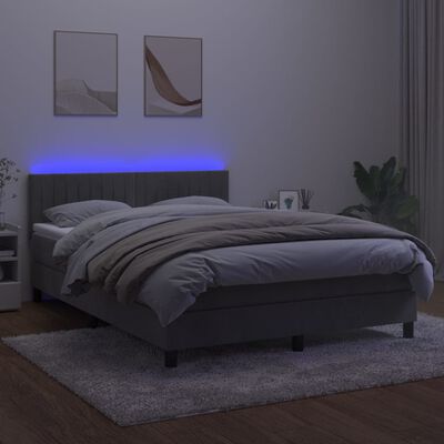 vidaXL Box Spring Bed with Mattress&LED Light Grey Full Velvet