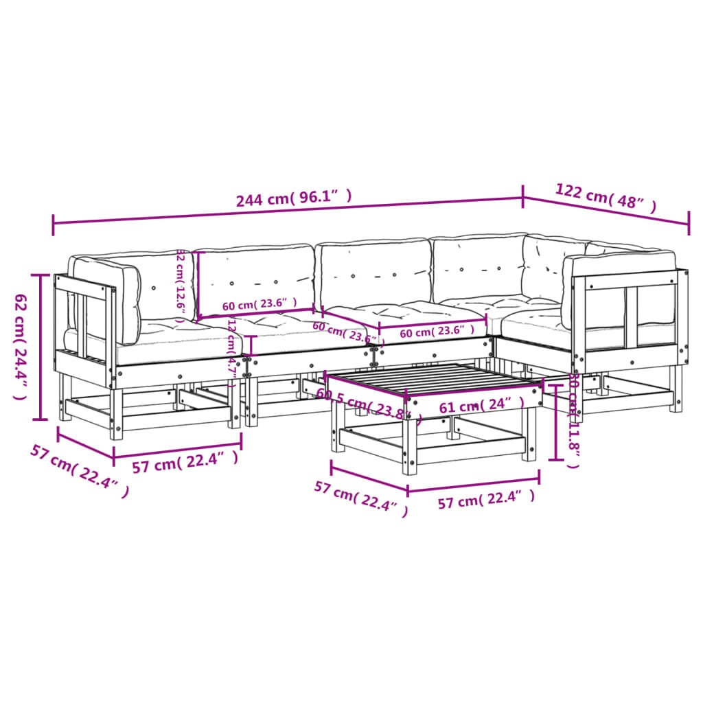 vidaXL 6 Piece Garden Lounge Set with Cushions White Solid Wood